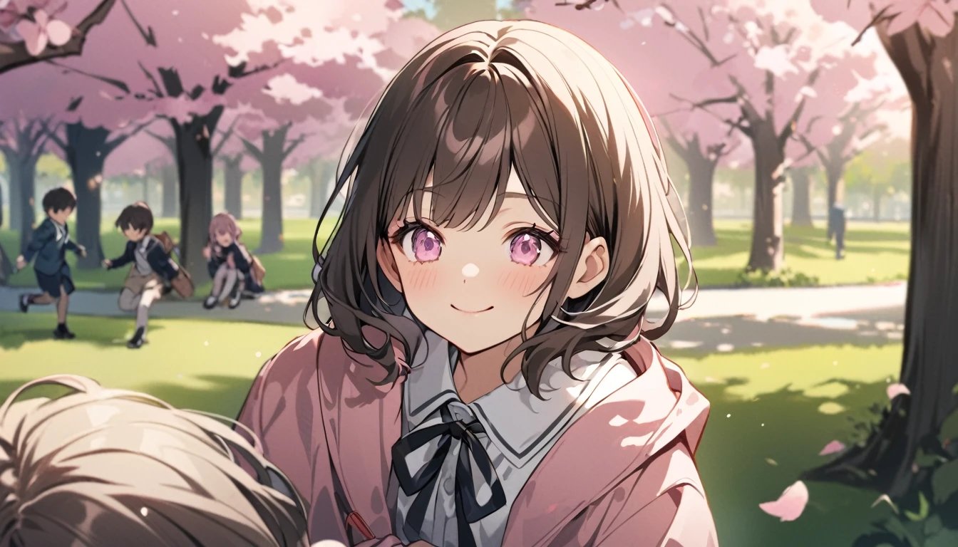 good looking, 2 elementary school students, 1 person, 1 person,Dark brown hair, Pink highlights on the tip, Pale pink eyes,The background is a park,Two people playing innocently,smile,Nostalgic feeling