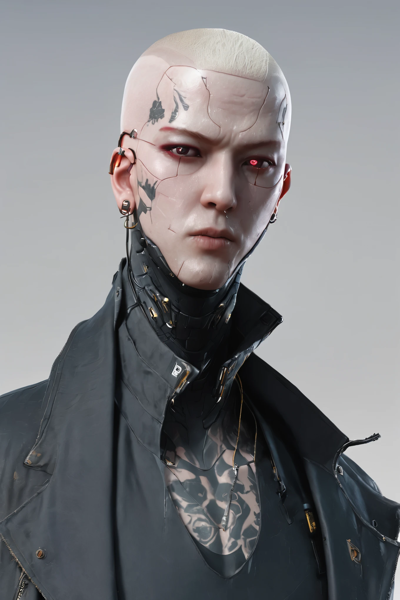 Create an albino character, he has shaved hair, HAIR STYLE LIKE A EMINEM, , just his face, FRONT VIEW FACE, FRONT VIEW FACE, CLOSE-UP FACE, from all angles, front, right side, left side, and behind, just his face, artstation, 8k, realistic, photorealistic, white background, fixed character, 3 sides in a single image, mystical post-apocalyptic cyborg, movie still of a cool cyborg, movie still of a cyborg villain, movie still of a cyborg, cyberpunk, dystopian science fiction character, film still of an alien cyborg, cyberpunk samurai,, HE HAS EASTERN FEATURES