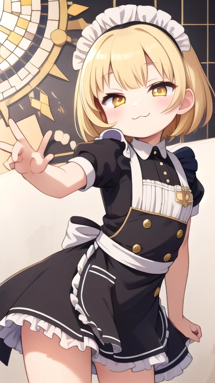 Golden Mosaic , One Girl, Yellow Hair, :3, Black maid outfit, short hair, Half-closed eyes, Conceit,Yellow Eyes,front,smile,upright