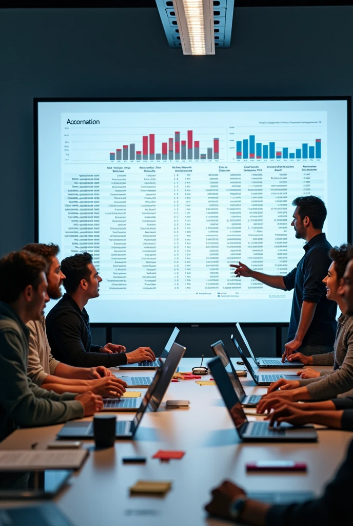 People are programmers are looking at the board, The board shows a table printed from Microsoft excel, Table has 7 column, programmers have computer and discussing 