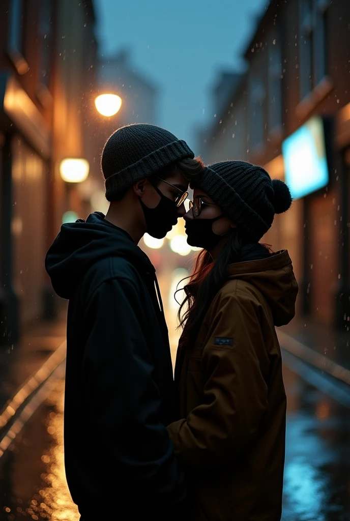 Two teen lovers ,as shadows,in the rain, the girl must be wearing a mask and glasses, the boy must be wearing a beanie, their race is black,the girl has a black mask, the boy has no mask
