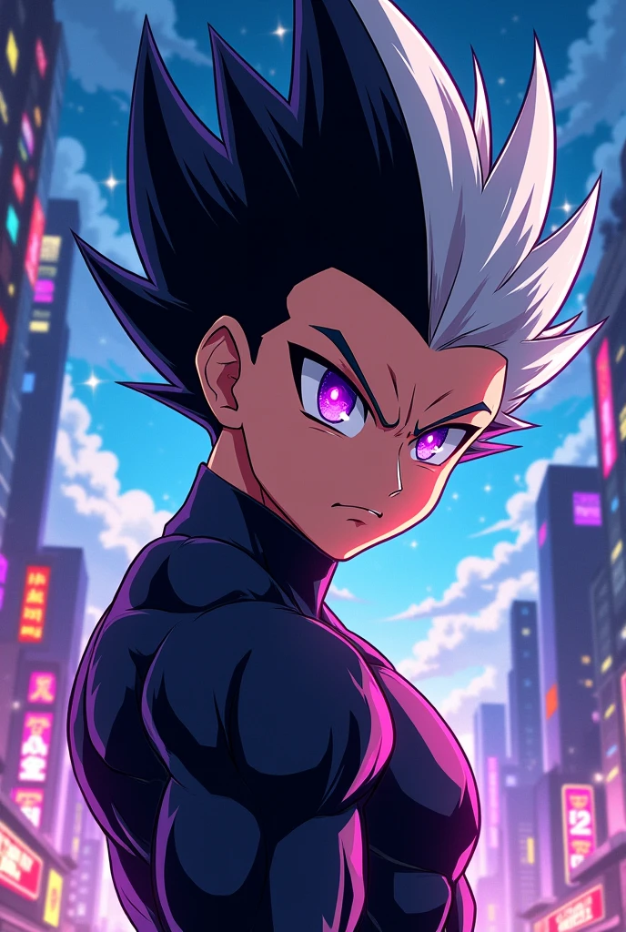 Create an anime character in the style of Boku no hero with black and white hair, something muscular, with purple eyes