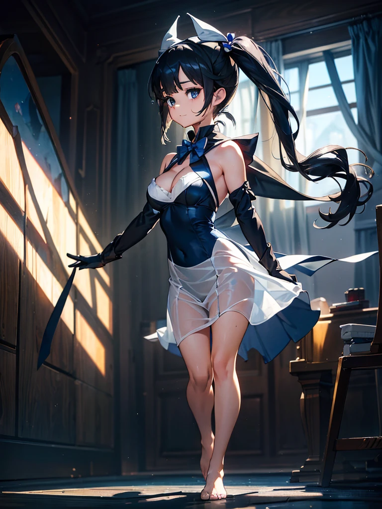 15:55:The interplay of light and shadow is masterfully depicted., Black background with spotlight, Long eyelashes, Twin tails, Black Hair, Air decoration, white dress, blue bowtie, Cleavage cutout, Blue Ribbon, Arm ribbon, short dress, white gloves, barefoot, blue bow, blue bowtie, bow, bowtie, Cleavage, Cleavage cutout, Clothing cutouts, dress, gloves, pencil dress, (Rei no himo:1.5),