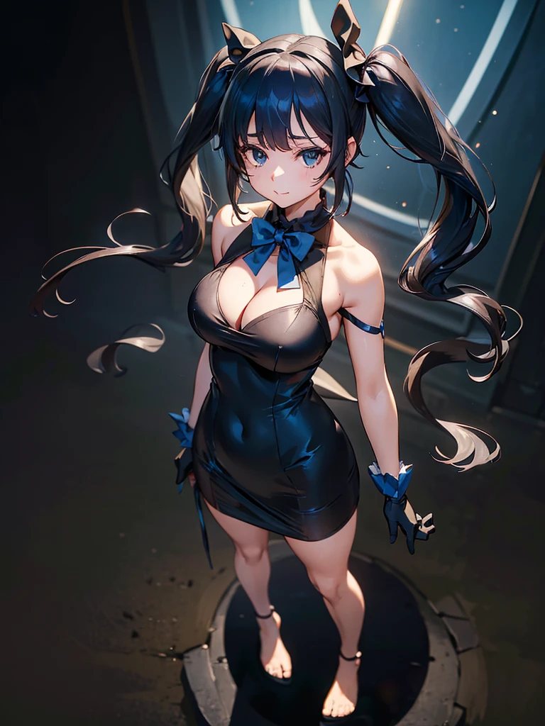 15:55:The interplay of light and shadow is masterfully depicted., Black background with spotlight, Long eyelashes, Twin tails, Black Hair, Air decoration, white dress, blue bowtie, Cleavage cutout, Blue Ribbon, Arm ribbon, short dress, white gloves, barefoot, blue bow, blue bowtie, bow, bowtie, Cleavage, Cleavage cutout, Clothing cutouts, dress, gloves, pencil dress, (Rei no himo:1.5),