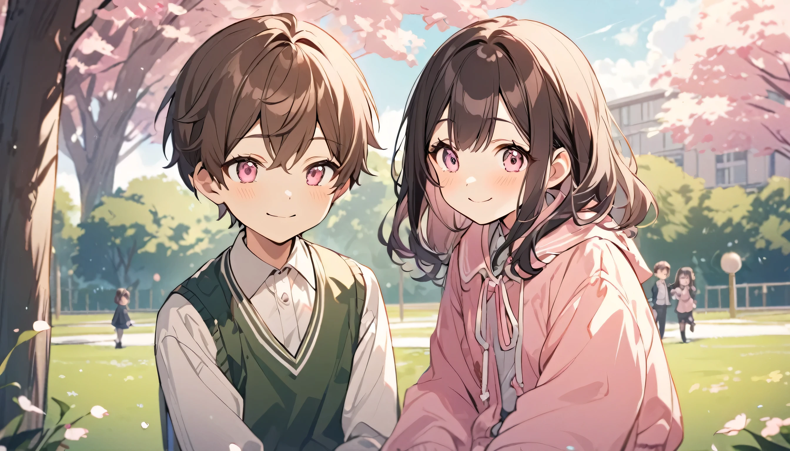 good looking, 2 elementary school students, 1 person, 1 person,Dark brown hair, Pink highlights on the tip, Pale pink eyes,The background is a park,Two people playing innocently,smile,Nostalgic feeling