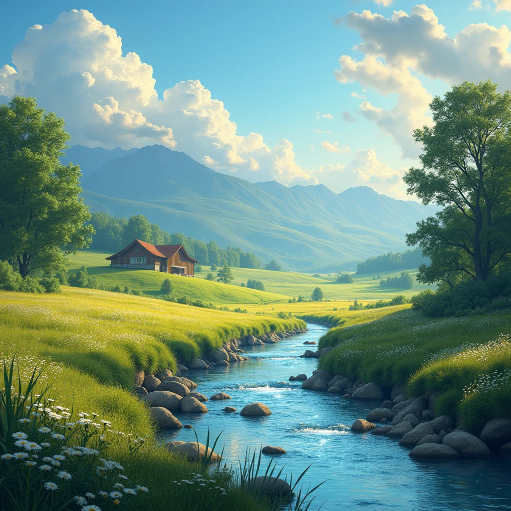 Countryside landscape、A fantastical landscape with a sparkling river