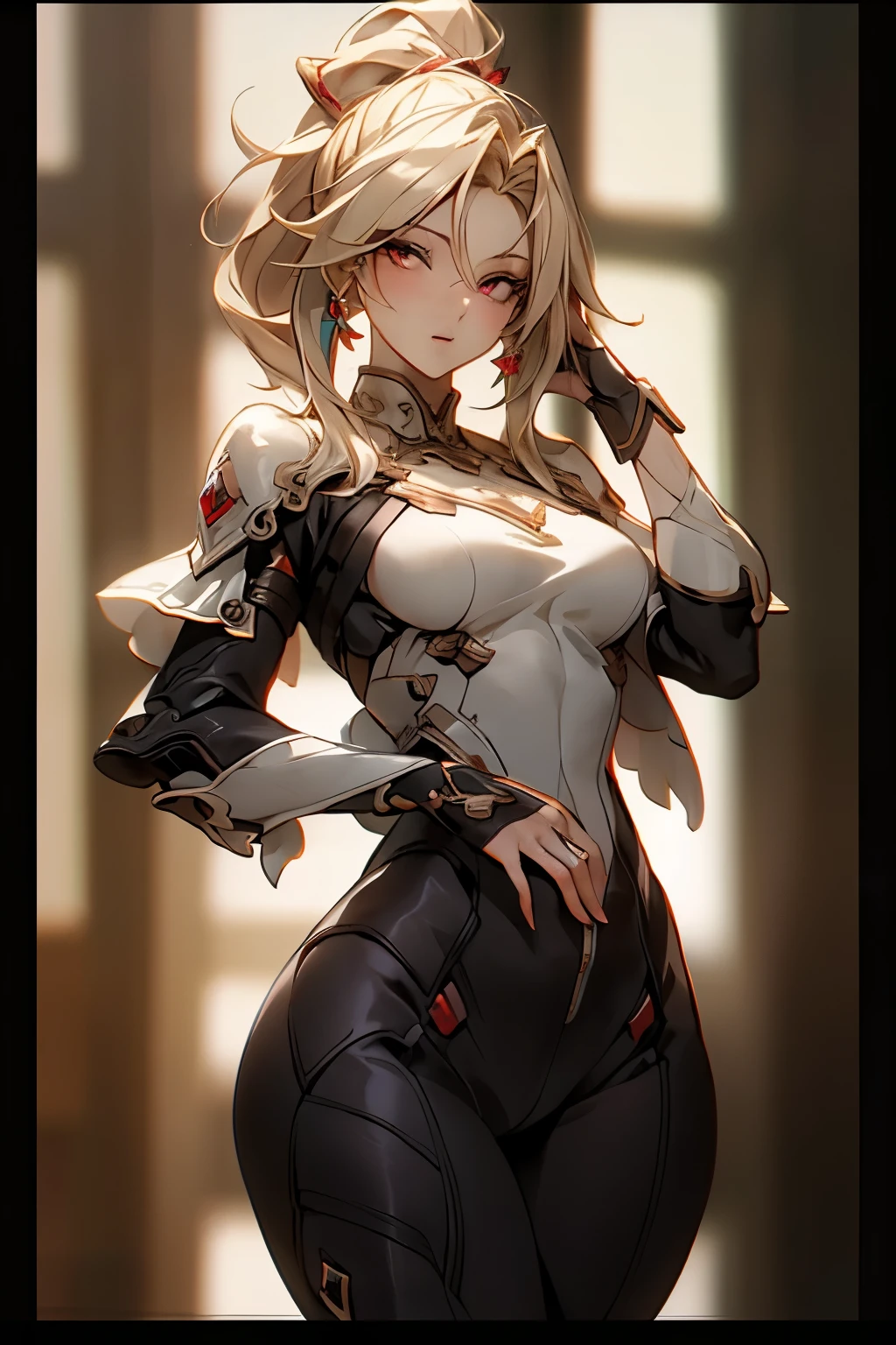 ((best quality)), ((Masterpiece)), (details:1.4), 3d, HDR (high dynamic range), amature woman, SLEEK Style, Blonde hair, High Ponytail, Red eyes, hips up จมูกโด่ง, ปากแดง, หน้าอกใหญ่, nvidia RTX, PBR surface, After processing, Anisotropic filtration,depth of field, Maximum clarity and clarity, multi-layered surface, Subsurface tering, perfect proportions, 8K raw files, ความละเอียดสุดยอด, Unreal 5, Perfect proportions, Octane Render, Wide aperture, Low ISO, Holy paladin, Heavy Red armor, jewely, ต่างหู