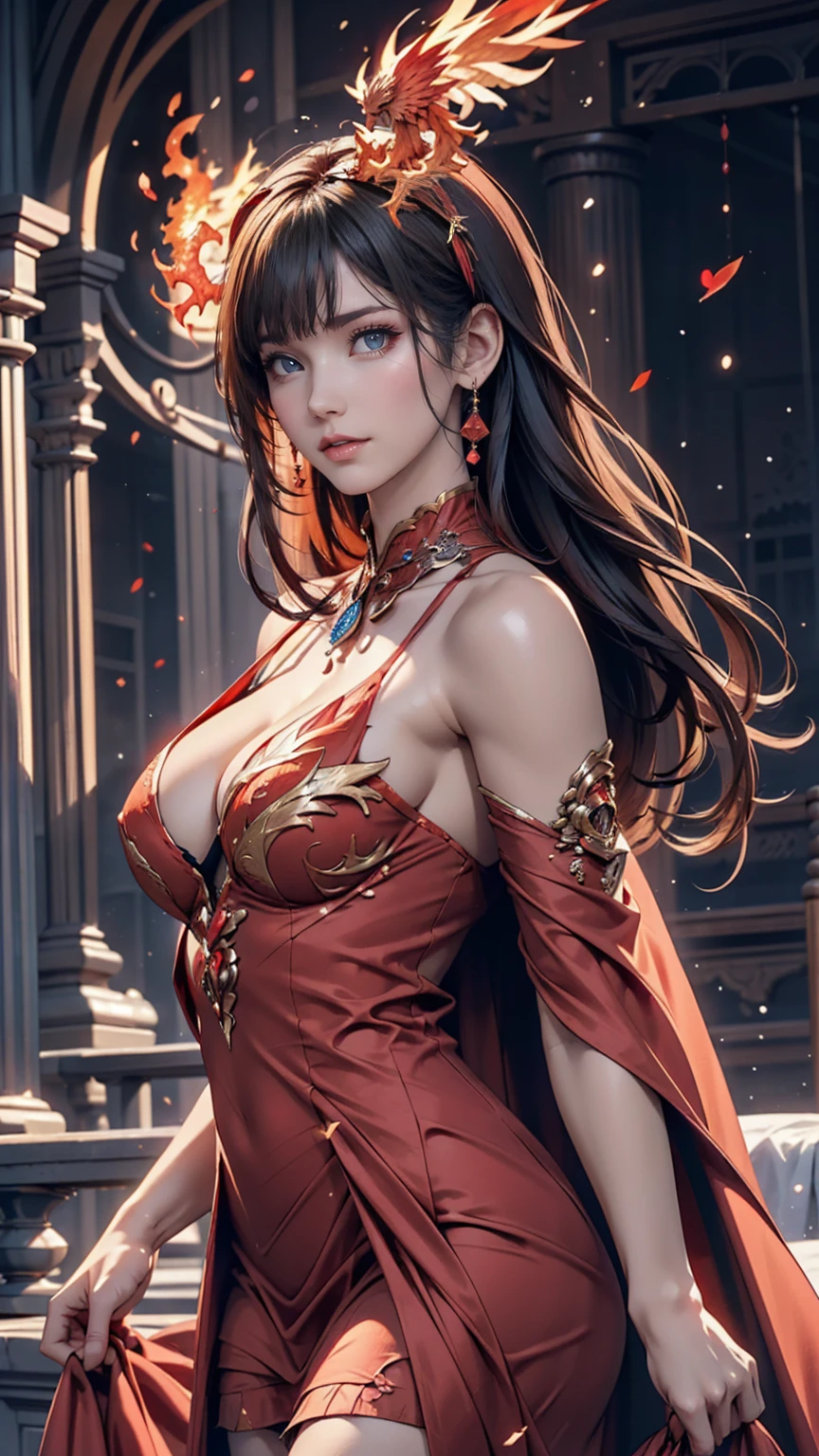 1 heroine, one beautiful princess, In the Dark: 1.6), Surreal Female Portraits by David Hockney and Alphonse Mucha, Fantasy art, Korean Doll, Photorealism, Dynamic Lighting, Art Station, Poster, Volumetric lighting, Highly detailed face, 8K Ultra, whole body, Awards, In the Dark, Deep Shadow, Modest, Cowboy Lens, (Red Phoenix Dress: 1.4), Long Hair, Black Hair, bust, Luxury palace, Royal Style, Princess Crown, Big round black eyes, Style Royal, The most beautiful face, Large and normal breasts, Ultra-realistic,