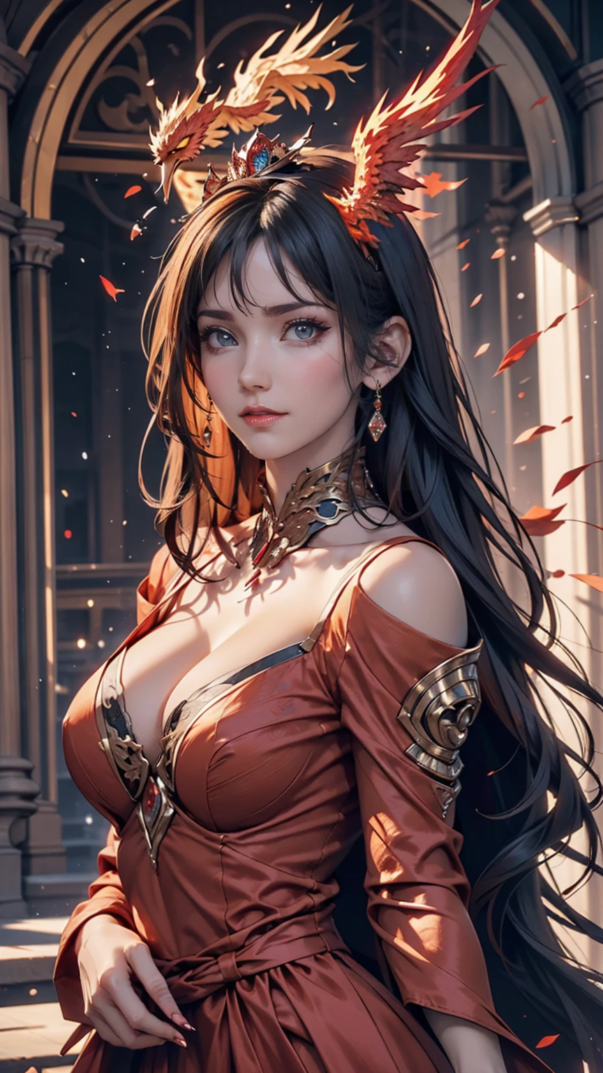 1 heroine, one beautiful princess, In the Dark: 1.6), Surreal Female Portraits by David Hockney and Alphonse Mucha, Fantasy art, Korean Doll, Photorealism, Dynamic Lighting, Art Station, Poster, Volumetric lighting, Highly detailed face, 8K Ultra, whole body, Awards, In the Dark, Deep Shadow, Modest, Cowboy Lens, (Red Phoenix Dress: 1.4), Long Hair, Black Hair, bust, Luxury palace, Royal Style, Princess Crown, Big round black eyes, Style Royal, The most beautiful face, Large and normal breasts, Ultra-realistic,