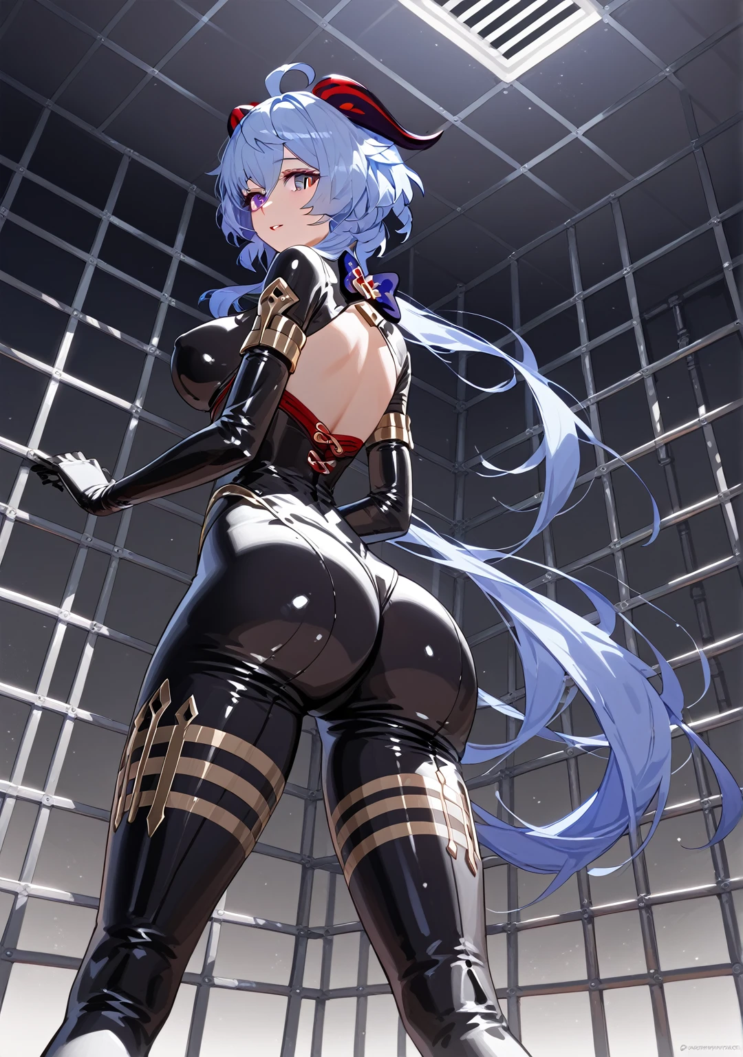 top quality, top quality, High quality illustrations, masterpiece, ultra high resolution, detailed background, jail, absurd, Ideal Anatomy, performance, good lighting, Shadows in cinema, ganyu \(genshin impact\), Purple eyes, long hair, light blue hair that ends in shades of darker blue, long ponytail, Brownish horns with red engravings, turn backwards, alternate costume, rubber suit, latex, neon, neonライト, neonカラー, Body, Cyber suit, mechanical suit, cyberpunk, curb, Show Your Ass, zero convexity, Dynamic angle