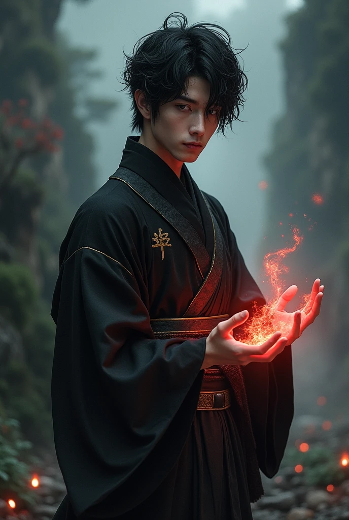 masterpiece, best quality, 4k, UHD, bishoujo, painting, captivating gaze and intricately detailed face, illustration, stunningly detailed, high resolution illustration, radiant red energy ball, 1 man, black hair, deep-set dark eyes, hair slightly tousled, traditional black kimono with golden stripes, expressionless yet intense, dark, atmospheric background reminiscent of Dark Souls, shadowy landscapes with faint glimmers of light, ethereal mist swirling around, softly glowing red energy emanating from his hands, elegant posture, serene yet foreboding atmosphere, mystical energy, (Impressionism:1.4)