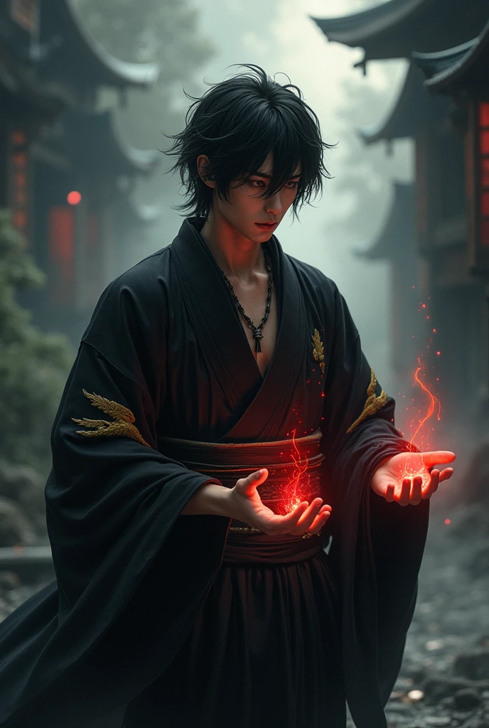masterpiece, best quality, 4k, UHD, bishoujo, painting, captivating gaze and intricately detailed face, illustration, stunningly detailed, high resolution illustration, radiant red energy ball, 1 man, black hair, deep-set dark eyes, hair slightly tousled, traditional black kimono with golden stripes, expressionless yet intense, dark, atmospheric background reminiscent of Dark Souls, shadowy landscapes with faint glimmers of light, ethereal mist swirling around, softly glowing red energy emanating from his hands, elegant posture, serene yet foreboding atmosphere, mystical energy, (Impressionism:1.4)