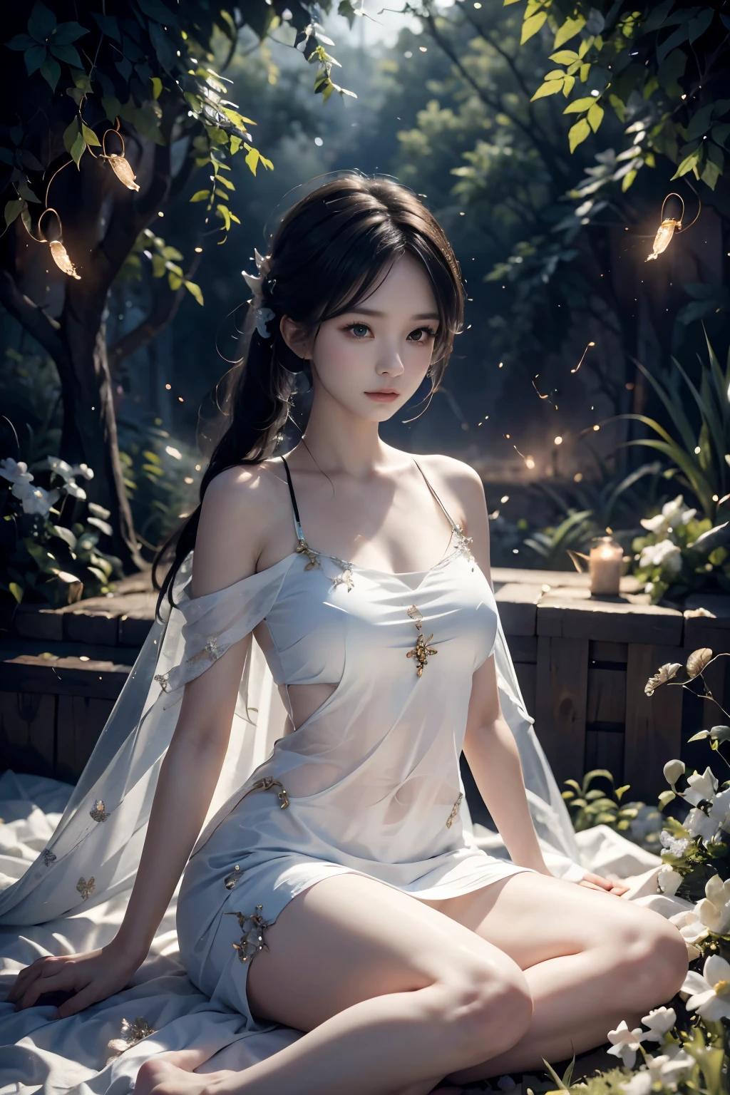 Beautiful fairy, surrounded by fireflies, ethereal and dreamy atmosphere
