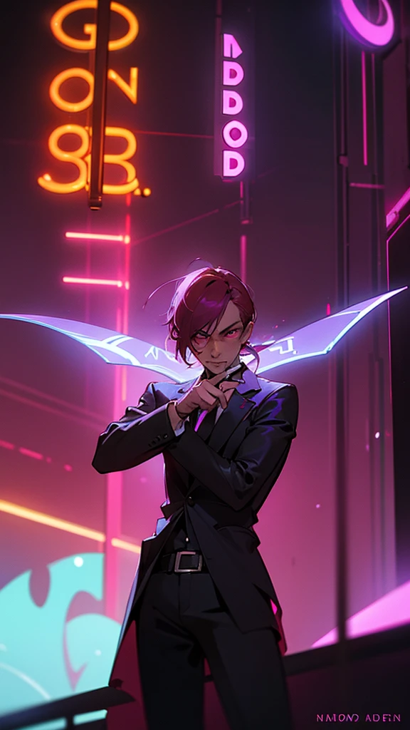 Entry of a bard called Bond with neon lights at night colours purple and red. The name of the bar: "Bond" need to be highlight from the background