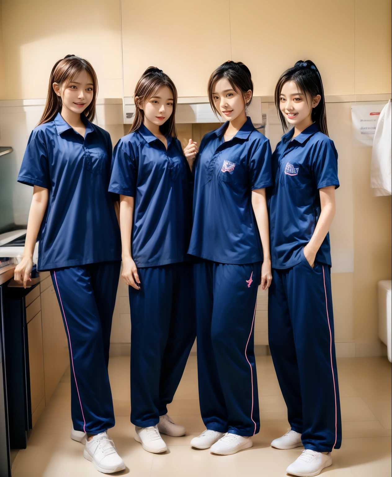 3 girls sleep on bed, Navy blue short-sleeved shirt,Navy Long Trackpant,Sweatpants, Sweatpantsขายาว,25 year old girl, lesbian, sexy, exercise clothes, wet body, exercise clothes