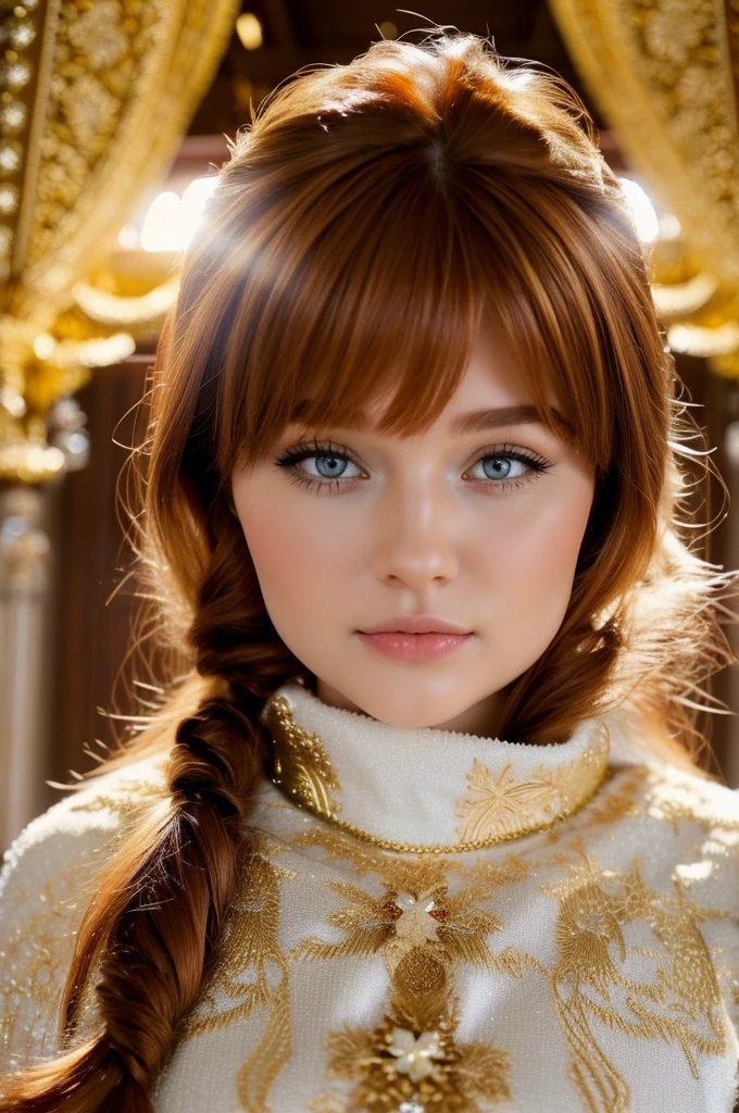 Ginger-haired Russian woman in traditional winter attire, capturing the essence of multiple adjectives such as kind-hearted, warm-hearted, sweet, polite, sensitive, friendly, charming, graceful, stylish, classy, alluring, majestic, ethereal, angelical, long hair framing the face, intricate embroidery on costume, soft glow accentuating gentle facial features, shot in the golden hour light.