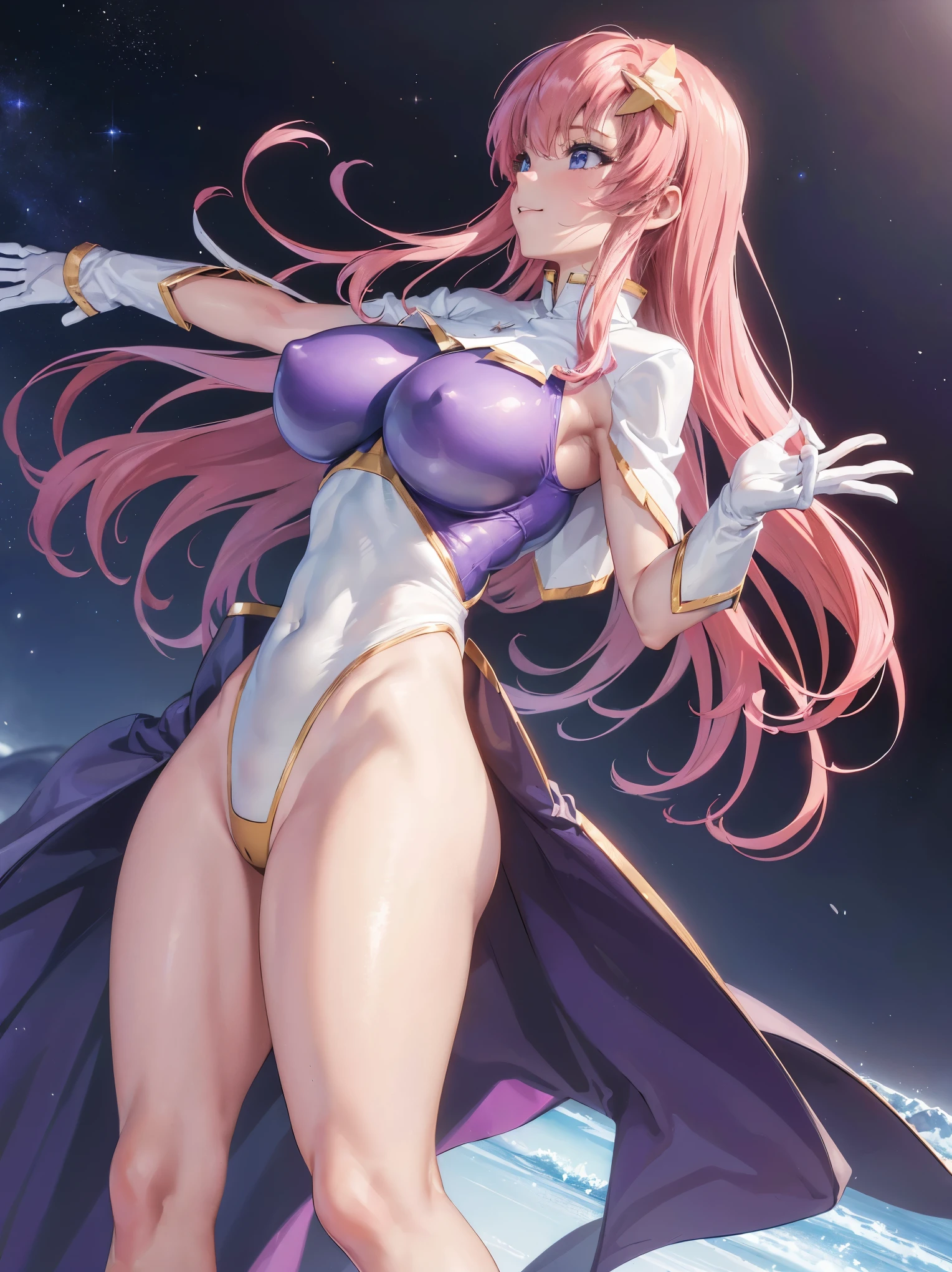 (masterpiece)、(Best image quality)、(Very detailed)、(Very detailed)、4K、(8k)、Best image quality、(beautiful)、
More about Campbell, 1 person, star hair ornaments, hair ornaments, Pink Hair, Long Hair, gloves, Leotard Purple Leotard, White leotard, Tight leotard、Huge breasts、Thick thighs、,A light smile、Dynamic pose、gravure、Dynamic Angle、Noise Reduction、Emphasis on the crotch、Breast augmentation