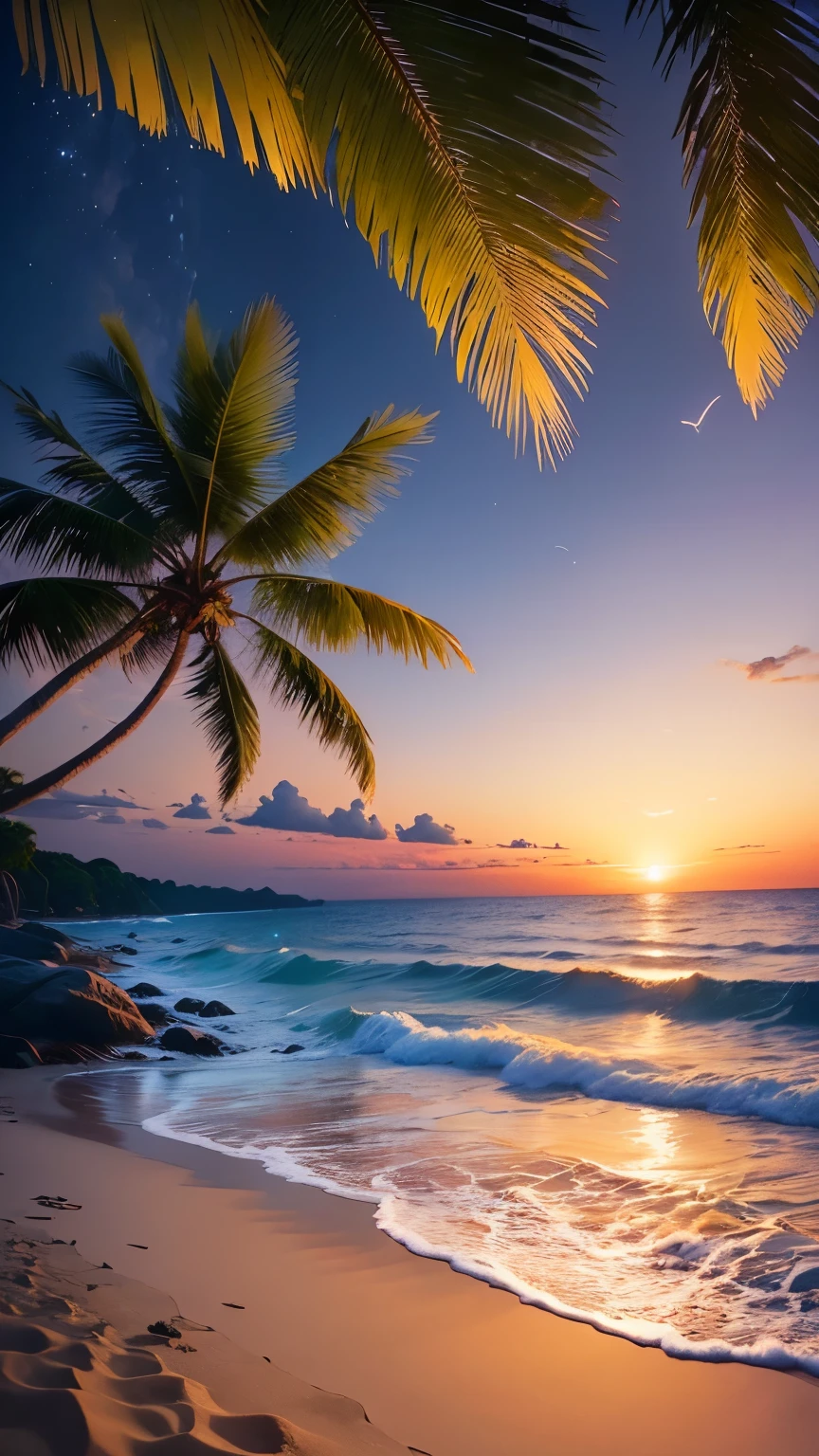 (Realistic,photoRealistic:1.37),Peaceful beach,Calm sea,Calm waves,Sandy Beach,Soft white sand,Crystal clear water,Peaceful atmosphere,夜のSandy Beach空には星が出てる,Coconut Tree,quiet horizon,Pleasant breeze,Tropical paradise