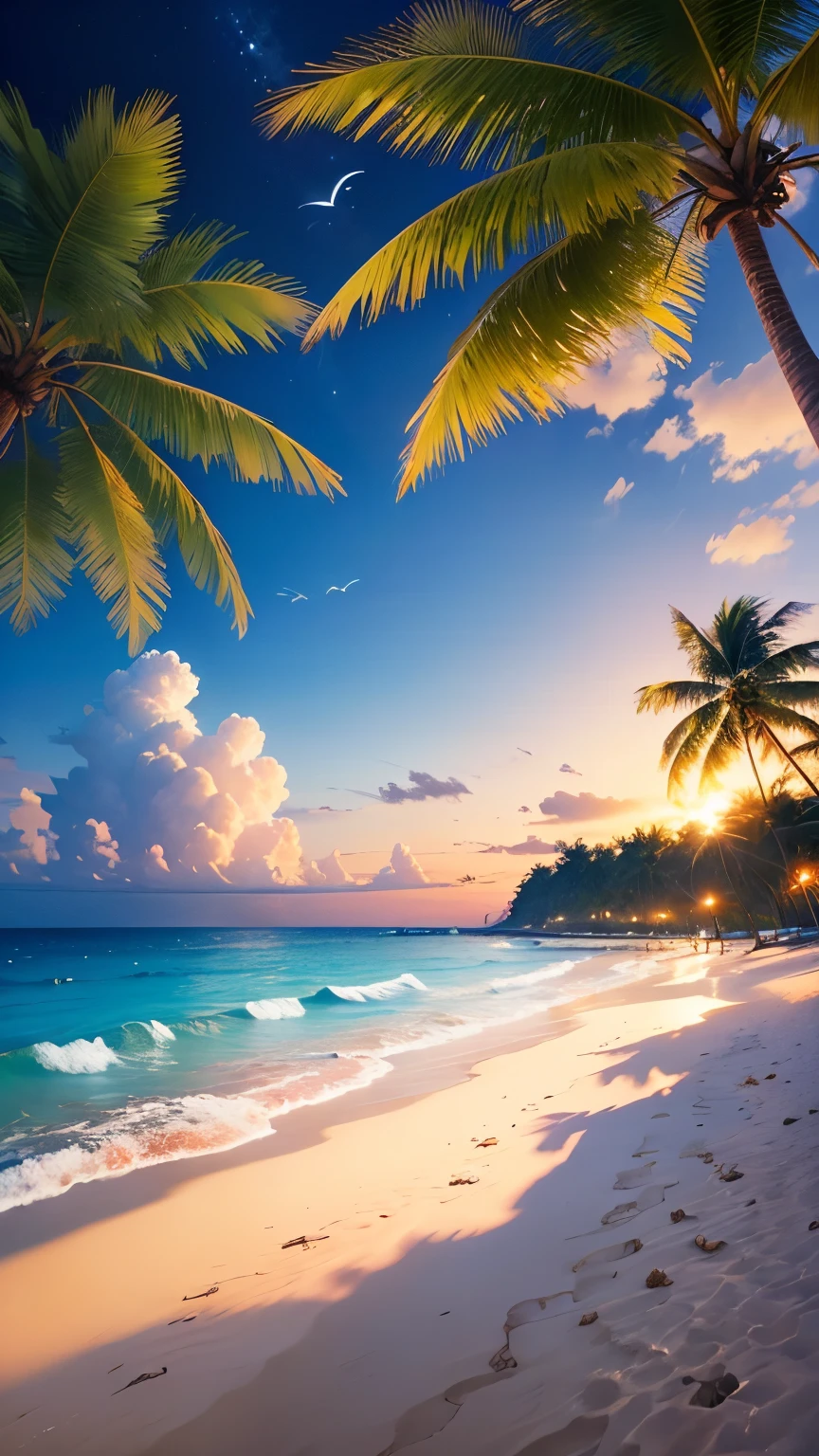 (Realistic,photoRealistic:1.37),Peaceful beach,Calm sea,Calm waves,Sandy Beach,Soft white sand,Crystal clear water,Peaceful atmosphere,夜のSandy Beach空には星が出てる,Coconut Tree,quiet horizon,Pleasant breeze,Tropical paradise