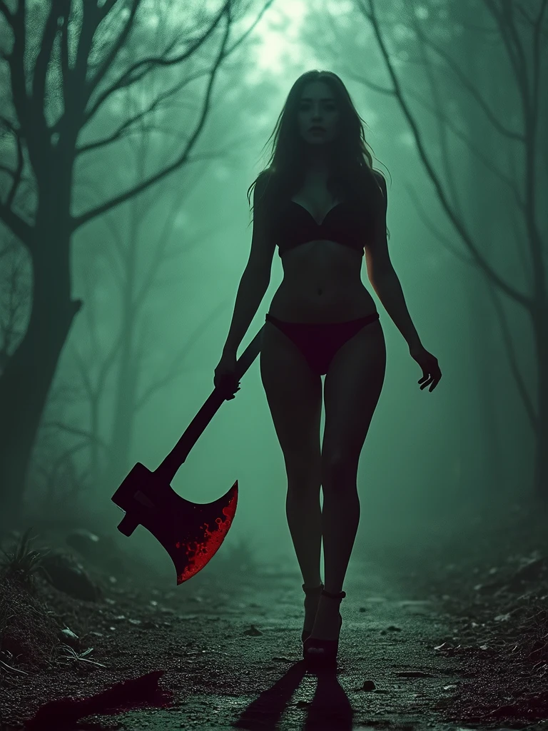 ((Analog photo. 70’s photo)) ((full body shot))(masterpiece photorealistic.Uhd.) an ultra hot gorgeous European woman. Age 23. Sexy curvy hourglass body. Extra large breast. ((100 E size)). (Cleavage). High heels. B série horror movie héroïne. Walking In a 70’s sci-fi horror movie set. Evil dead old forest cabin. Body covered with blood. Long Axe in one hand. Cinematic lights.