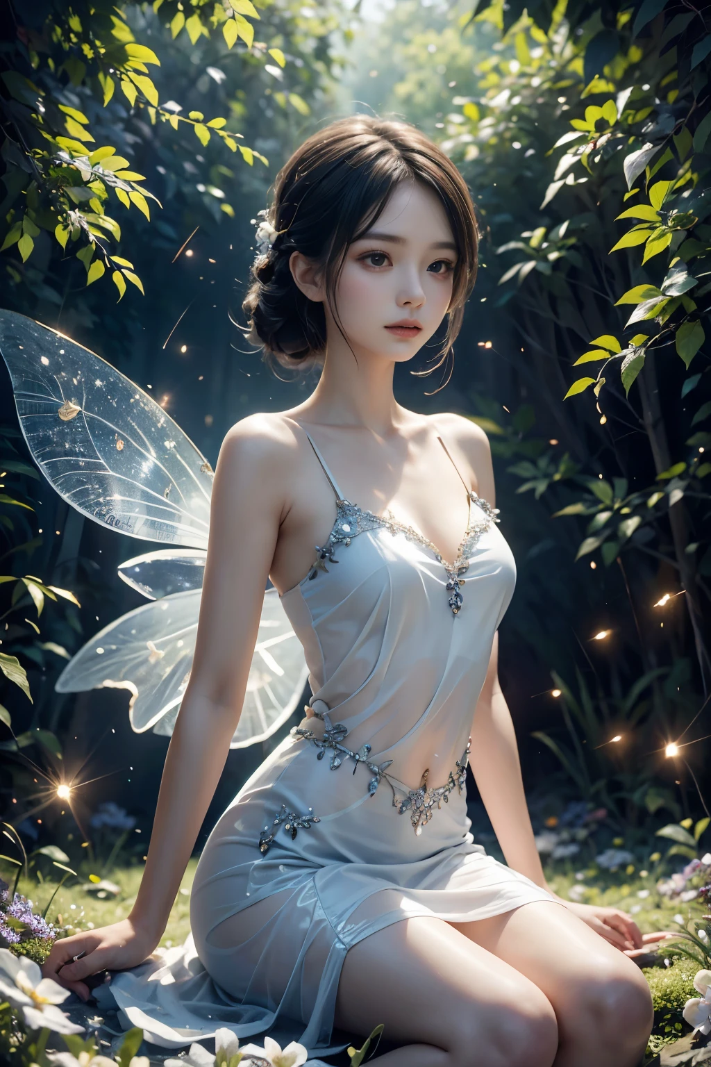 Beautiful fairy, surrounded by fireflies, ethereal and dreamy atmosphere
