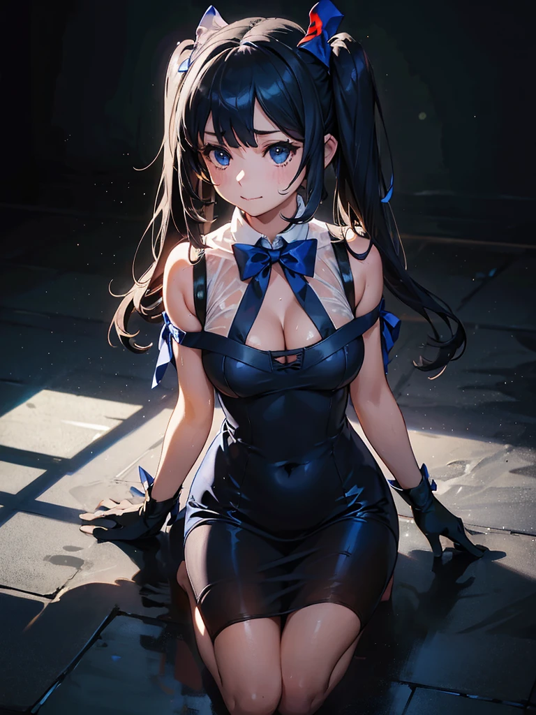 Wet, see-through clothes,  Light and shadow effects are skillfully expressed, Black background with spotlight, Long eyelashes, Twin tails, Black Hair, Air decoration, white dress, blue bowtie, Cleavage cutout, Blue Ribbon, Arm ribbon, short dress, white gloves, barefoot, blue bow, blue bowtie, bow, bowtie, Cleavage, Cleavage cutout, Clothing cutouts, dress, gloves, pencil dress, (Rei no himo:1.5),