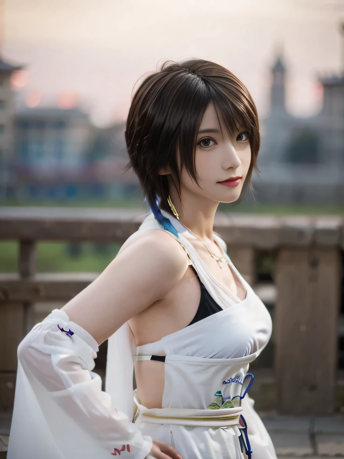20 year old Japanese beauty,One person、Muscular body like a bodybuilder、Emphasize the breasts、Slit eyes、A head-to-toe view,Bust is very very large、The background is a medieval European kitchen、High quality photos、Clear, crisp images of the lower body、Masterpiece 8k、Smiling、Masturbating、From the front, from the side, from the back, etc.々from what camera angle to shoot、FF10 Yuna's outfit、