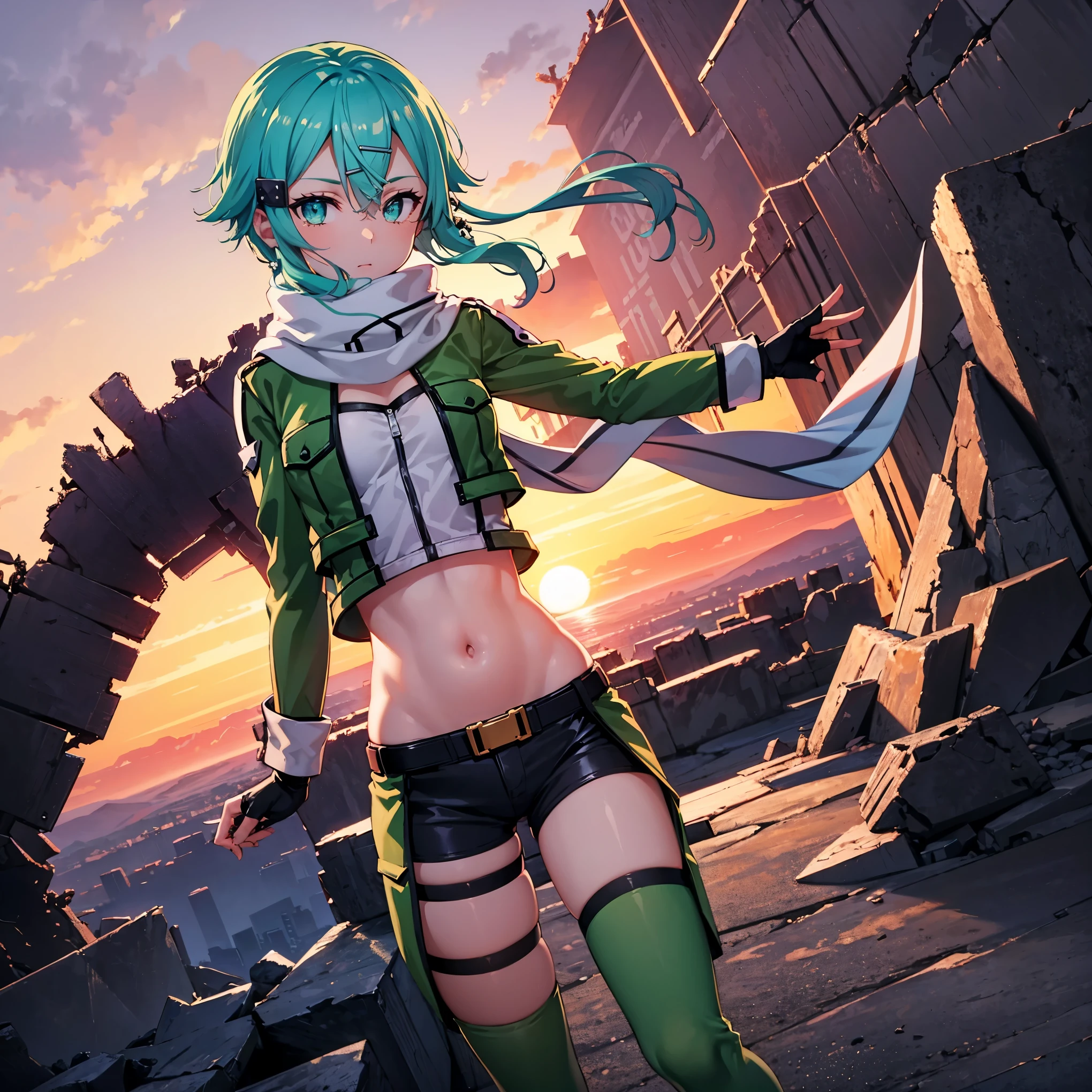(masterpiece), best quality, expressive eyes, perfect face, highres, sinon1, scarf, fingerless gloves, long sleeves, short shorts,groin, hair ornament, hairclip, green thighhighs, green jacket,covered_nipples, thigh strap, field, sunset_ruins_landscape_background, ruined structures, dynamic_posing, looking at the viewer,,covered_navel,