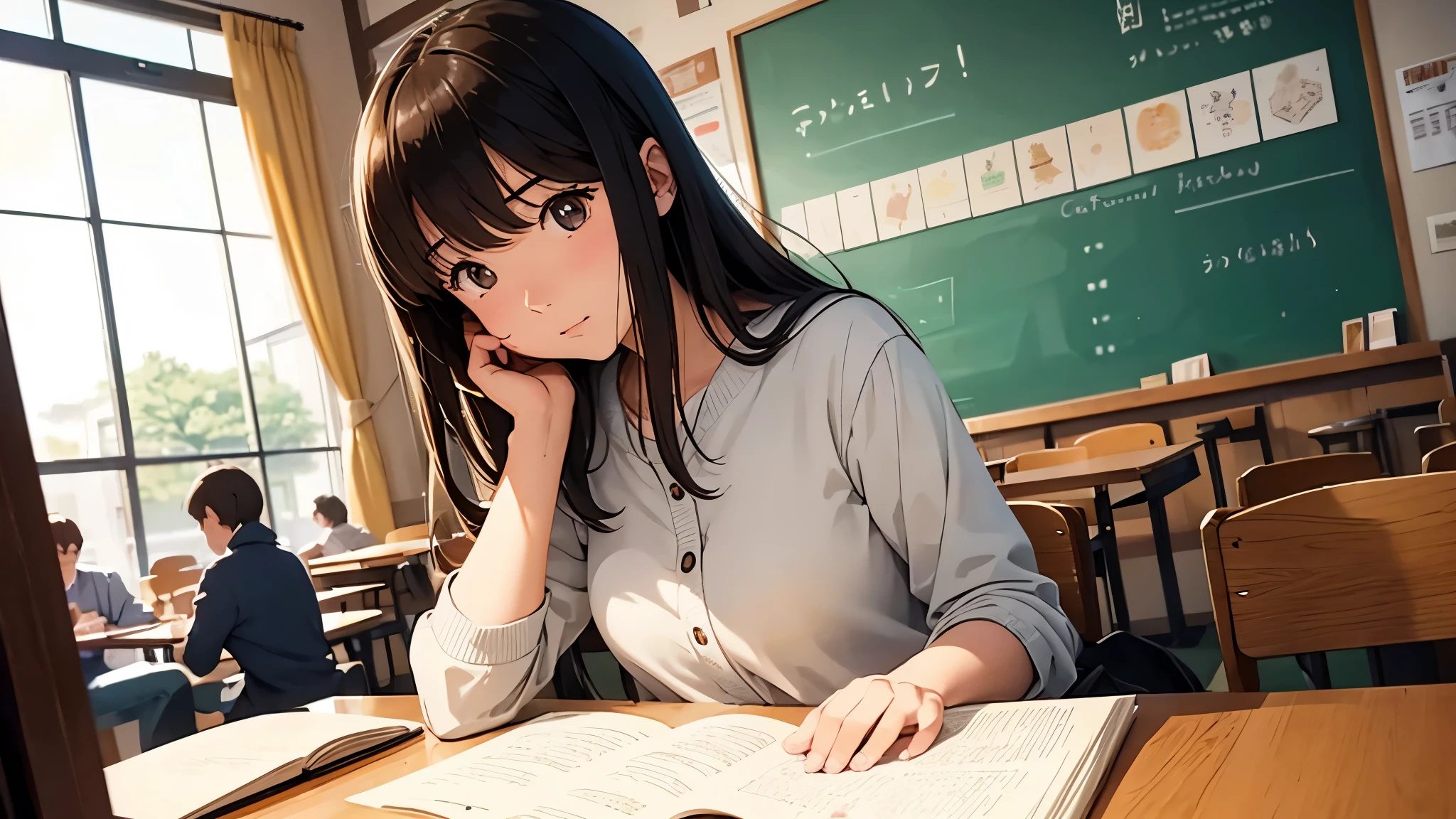 An illustration of a high school girl concentrating on her studies in a Ghibli-style cafe.