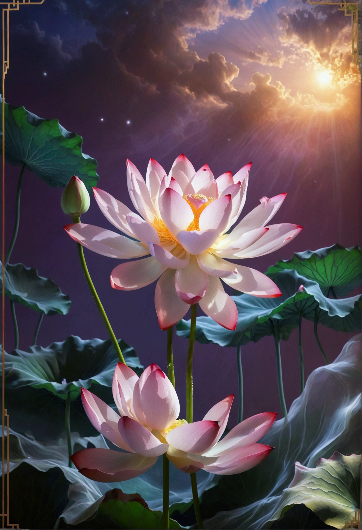 On a light purple background, a glowing lotus flower floats in the air, translucent white silk floats around in a minimalist style, fluid effects, a green bud emerges in the upper left corner, ethereal cloud scenery, fantasy, surrealistic scenes, high-definition photography, super detail and surrealistic style, high resolution, fine textures and transparent glass materials, With Chinese art style gradient color palette, Bright colors，Bright，Ultra high saturation，rgb, Colorful)，(High contrast:1.5)，(whole body:1.8), magazine photography，Popular on social platforms，((Dopamineism))，(((Dopamine color matching)))，Dopamine，(in the style of Y2K)，Luo Erchun，Three-dimensional ancient style，Oriental poetry and painting