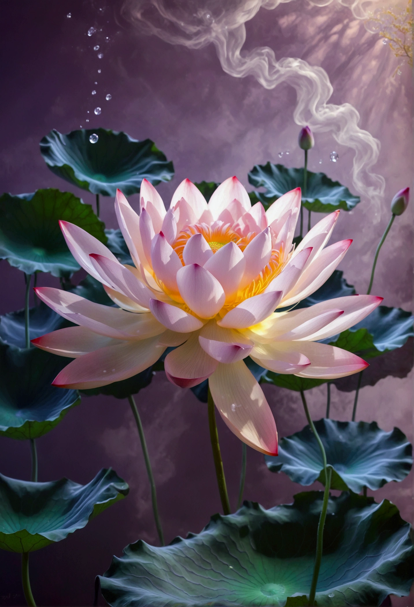 On a light purple background, a glowing lotus flower floats in the air, translucent white silk floats around in a minimalist style, fluid effects, a green bud emerges in the upper left corner, ethereal cloud scenery, fantasy, surrealistic scenes, high-definition photography, super detail and surrealistic style, high resolution, fine textures and transparent glass materials, With Chinese art style gradient color palette, Bright colors,Bright,Ultra high saturation,rgb, Colorful),(High contrast:1.5),(whole body:1.8), magazine photography,Popular on social platforms,((Dopamineism)),(((Dopamine color matching))),Dopamine,(in the style of Y2K),Luo Erchun,Three-dimensional ancient style,Oriental poetry and painting