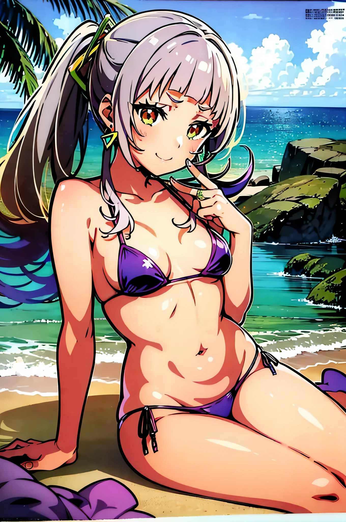 bbshion, long hair, twintails, short eyebrows, earrings, waving, 1girl, bangs, sitting, opend legs, reaching out, small breasts, full body, looking at viewer, sea, beach, micro bikini, thong, g-string, thong swimsuit, side-tie bikini bottom, cowboy shots, smile, embarrassed,