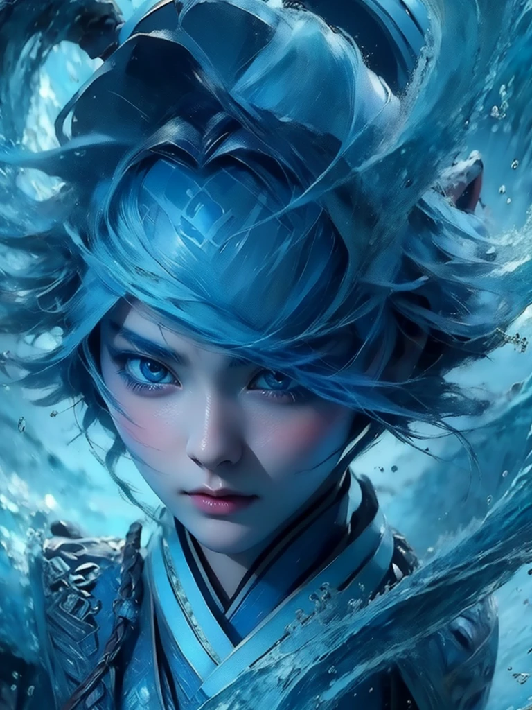 Korean girl pretty face, blue and rea hair, blue and bin eyes,