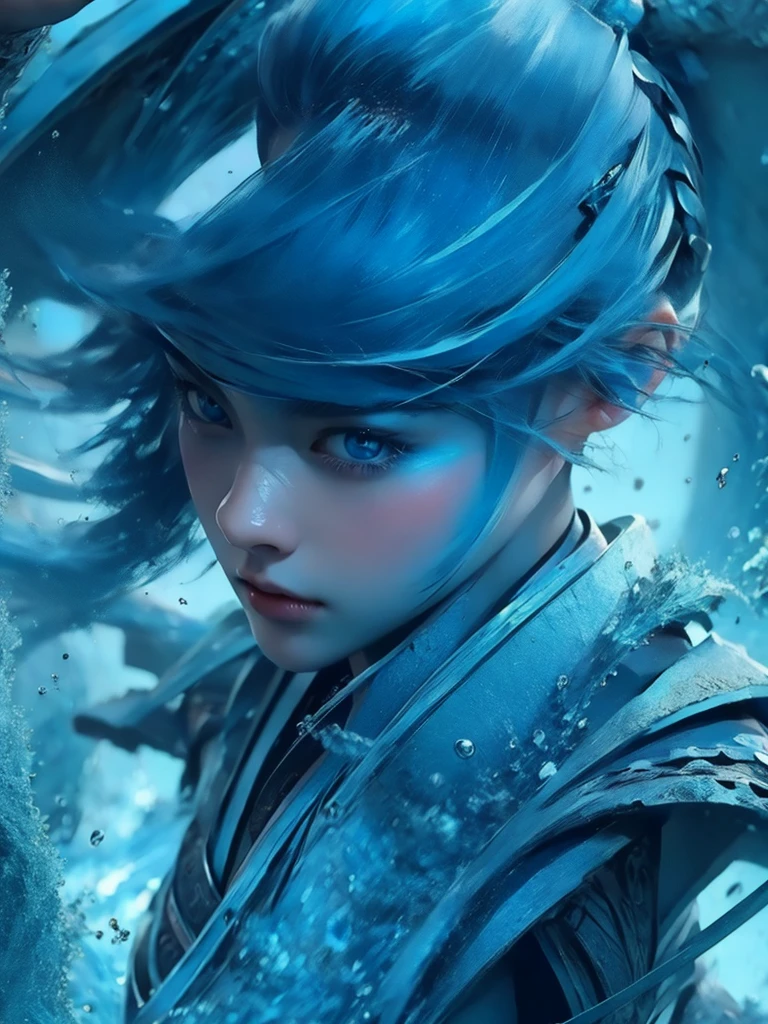 Korean girl pretty face, blue and rea  hair, blue  and bin eyes, 