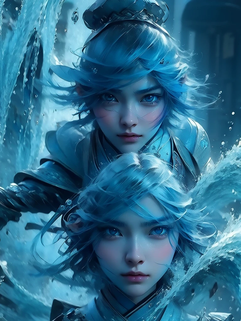 Korean girl pretty face, blue and rea  hair, blue  and bin eyes, 