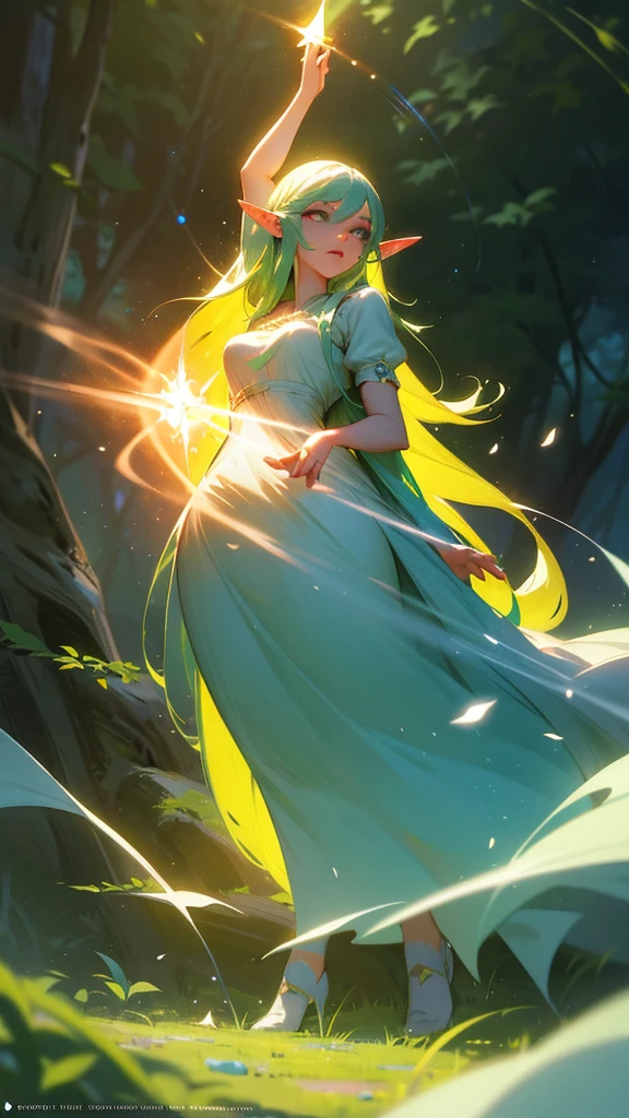 a beautiful elf maid in a magical forest, long flowing hair, pointed ears, elegant dress, graceful pose, glowing magical aura, detailed facial features, hyper realistic, 8k, photorealistic, highly detailed, cinematic lighting, vibrant colors, fantasy art