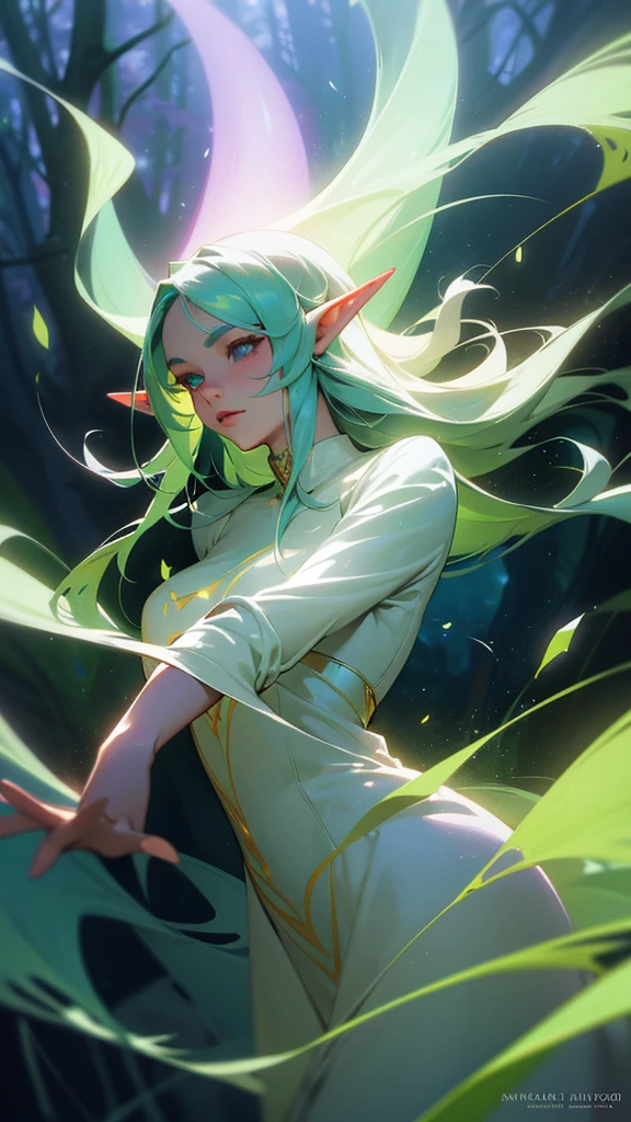a beautiful elf maid in a magical forest, long flowing hair, pointed ears, elegant dress, graceful pose, glowing magical aura, detailed facial features, hyper realistic, 8k, photorealistic, highly detailed, cinematic lighting, vibrant colors, fantasy art