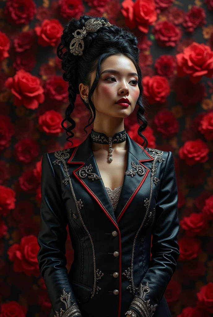 Comringa , Seriously, chic, dress suit, aristocratic, silver elements, coiffure, hair up, braid and loose, messy, haughty, absurdists, detailed suit, royaltly, celebration, salon decorated with black and red flowers, portraite, (best qualityer), (work of art), (highy detailed), (4K)