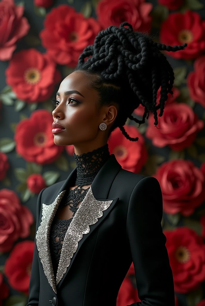 Comringa , Seriously, chic, dress suit, aristocratic, silver elements, coiffure, hair up, braid and loose, messy, haughty, absurdists, detailed suit, royaltly, celebration, salon decorated with black and red flowers, portraite, (best qualityer), (work of art), (highy detailed), (4K)