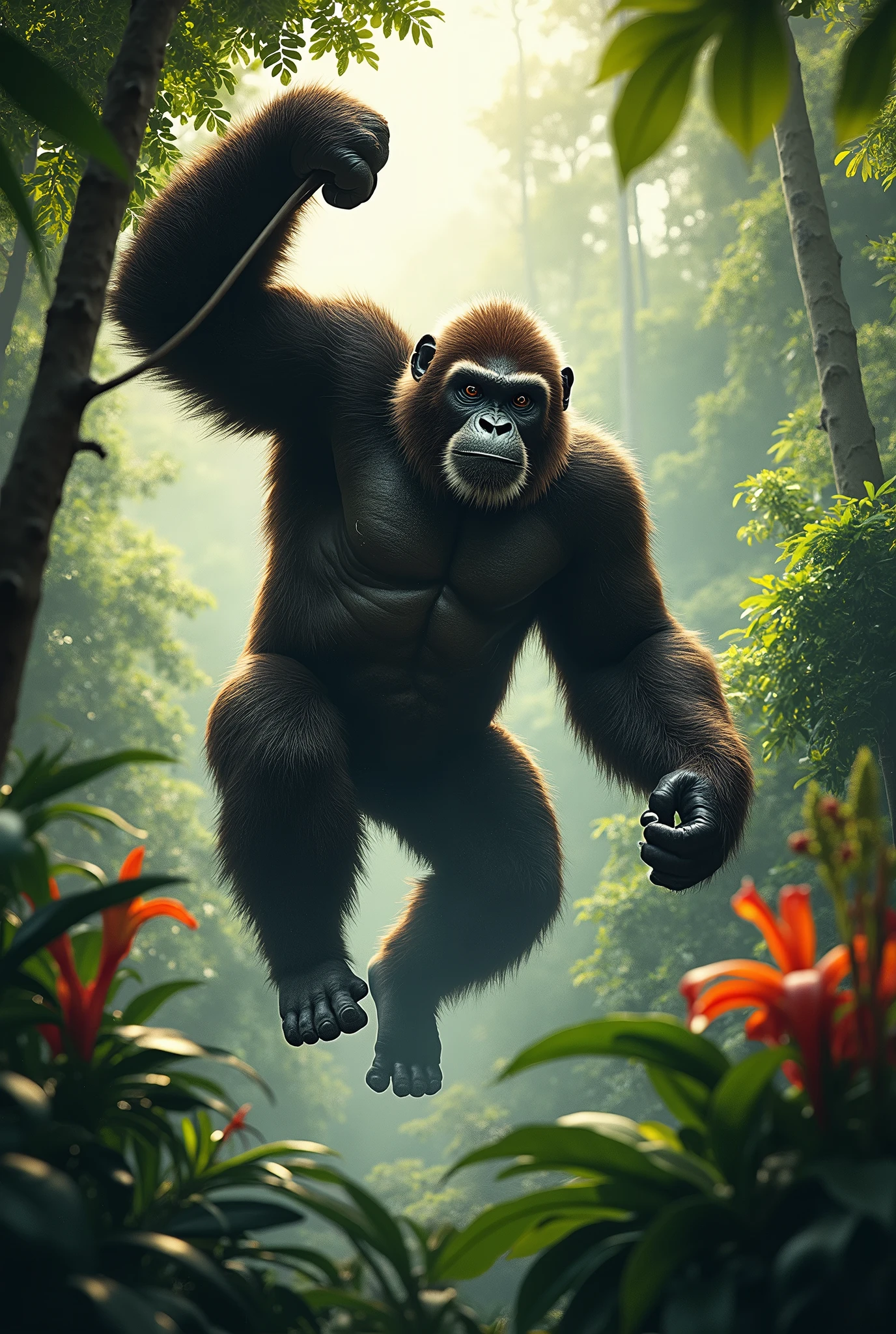 A gorilla wearing sportswear exercising in a jungle gym, Lots of foliage and trees surrounding it, detail , cinematic, Tim Burton style