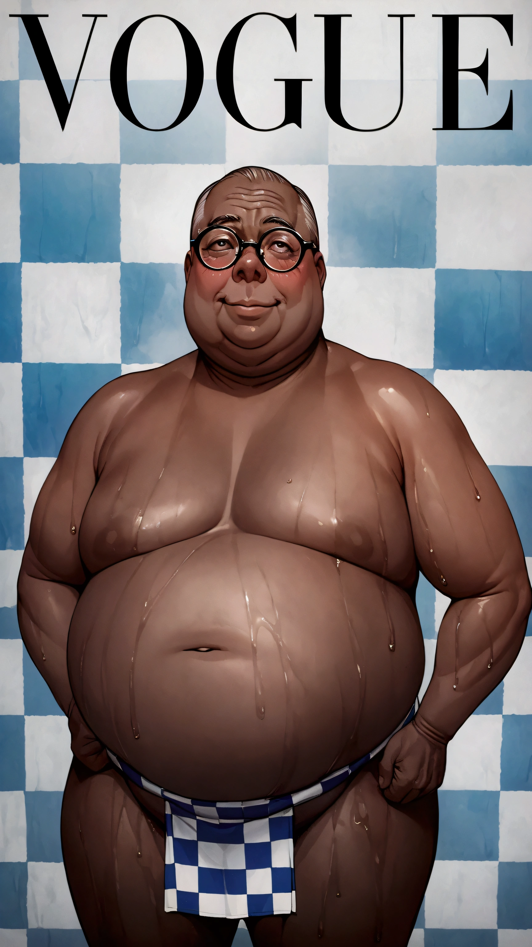 (Fat old man wearing glasses:1.3),Brown Skin,masterpiece, Highest quality, Ultra-high resolution,rich contrast,super high quality,8k,Highly detailed CG unit wallpaper,texture,Incredibly absurd,Ultra-high resolution,RAW Photos,Blue and white checked loincloth,(((Wet))),blush,1boy,reinokabe, checkered wall, english text, checkered background,topless,(look up:1.3),Serious,smile,vogue