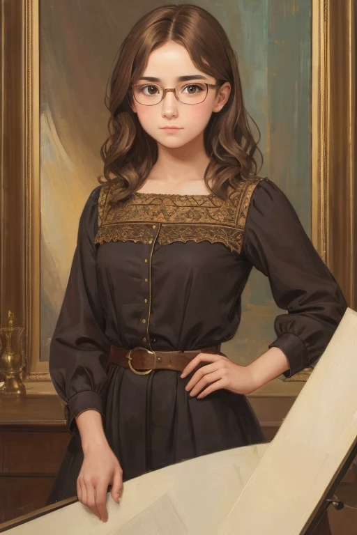 a 1girl, a beautiful teen-aged girl, extremely small breasts, short wavy brown hair, brown eye, eyeglasses, portraite of a, oil painted, contemporary, semi-prozamic silk blouse, Realistic Proportion, Intricate, intricate detials, Sharp focus