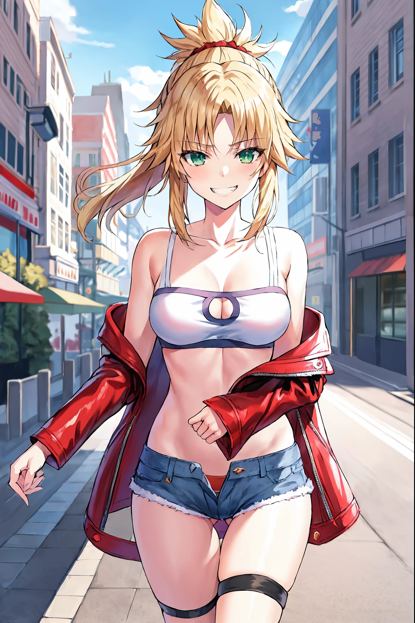 Masterpiece, Best Quality, illustration, city_street_landscape, 1girl, Mordred \(fate\), cowboy shot, collarbone, Detailed blond hair ponytail braid, green eyes, Red leather jacket, White short blouse, denim shorts,navel,thigh-high,grin, covered_pussy,skiny,happy,