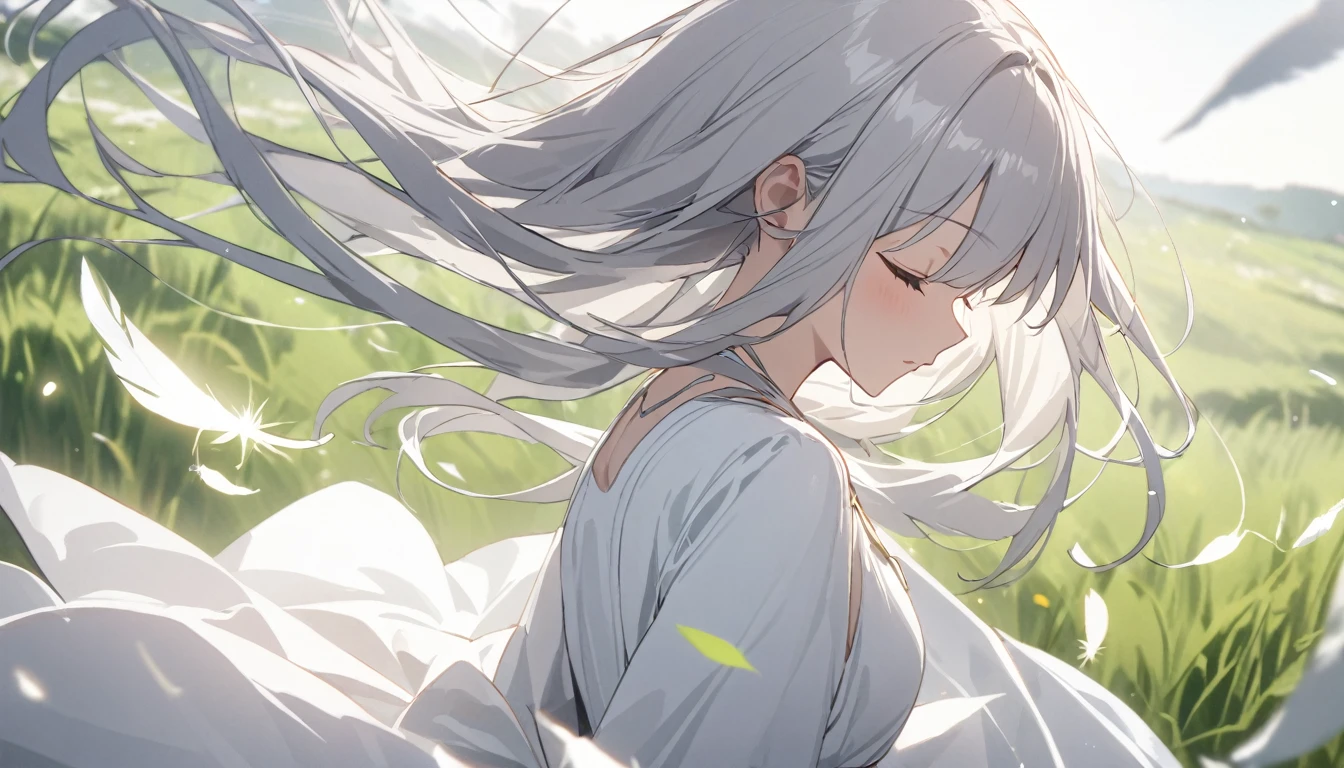 A girl playing a white translucent grand piano、Gray Hair、close your eyes、White Dress、A refreshing grassland、White feathers are scattering、Masterpiece、Medium Shot