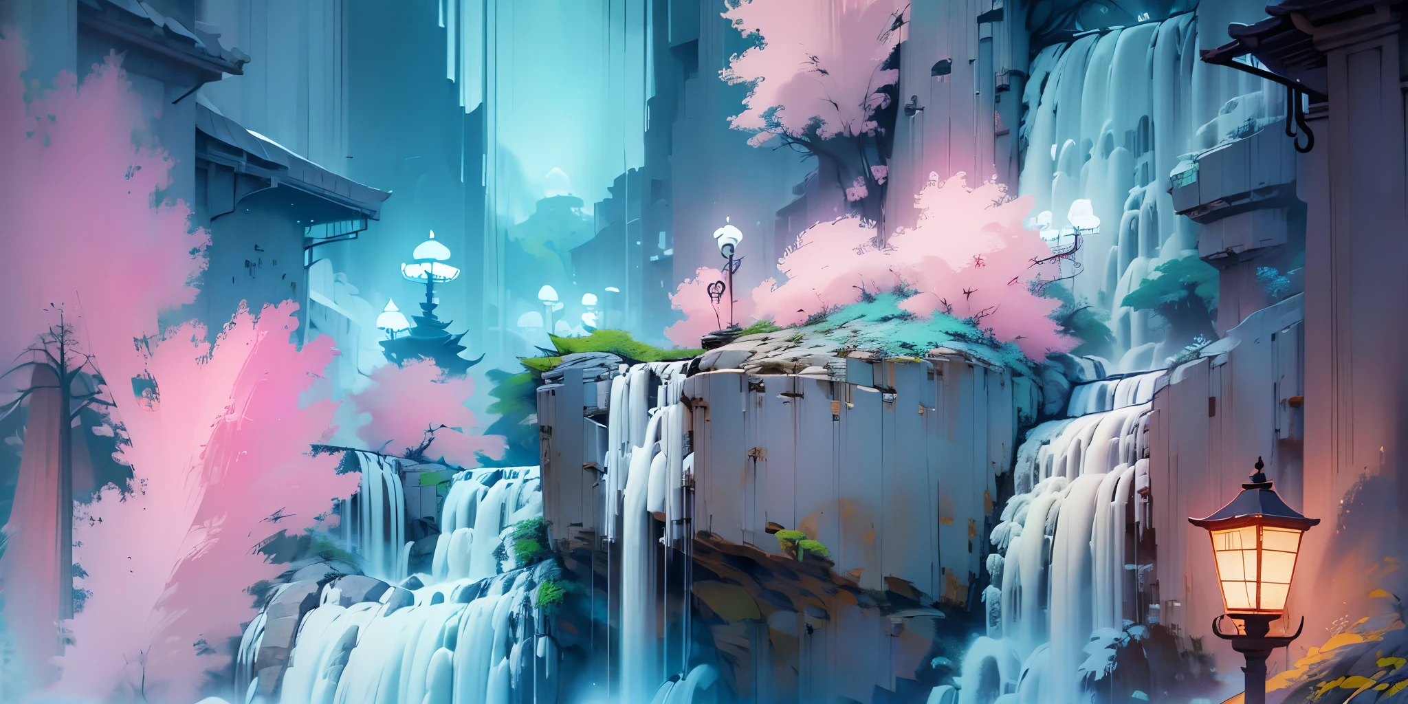 Dessinez un poster d'un village, dans le style lofi, décoration féérique, cascade de lumière, grotte, stalagmites, stalactites, champignon, cristaux, la nuit, belle palette de couleurs varié, couleurs saturées vibrantes, œuvre d'art, aucun humain, thème lumineux.