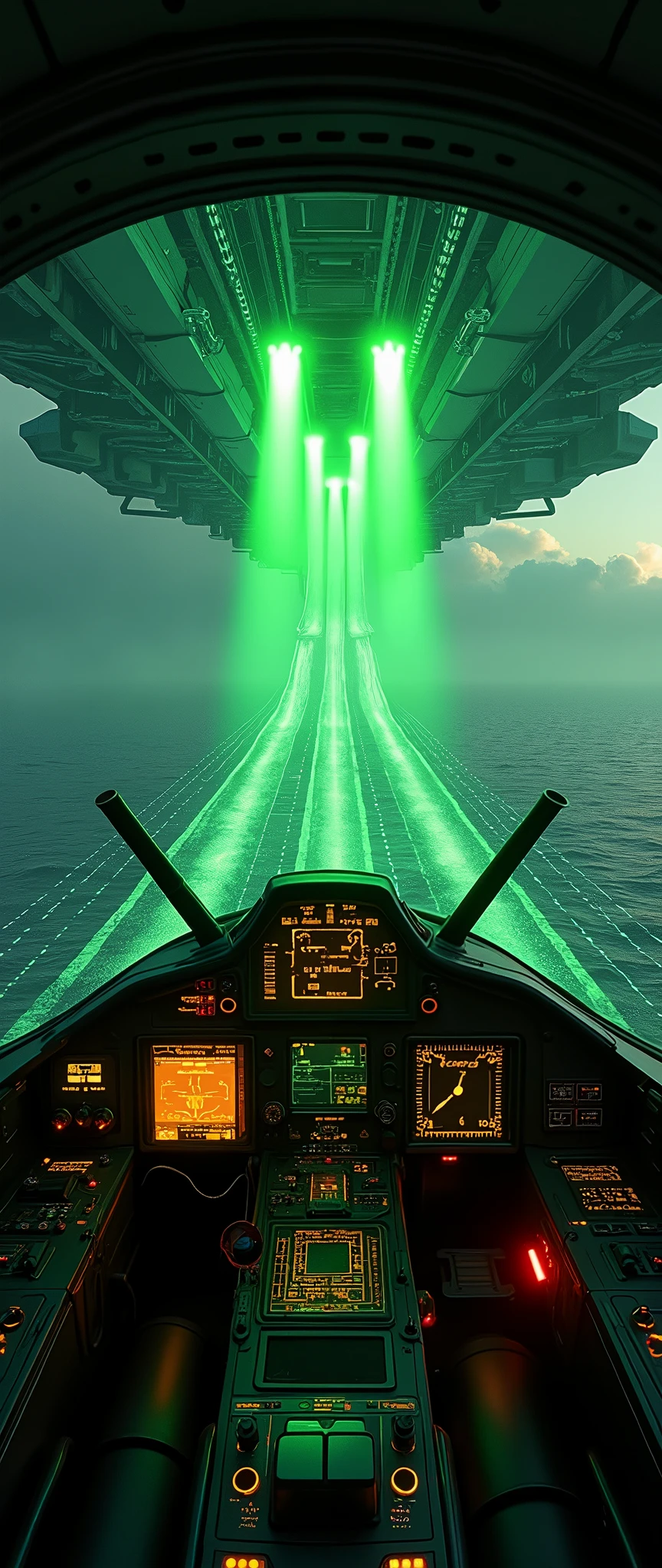 (masterpiece:1.2,Distinguished Quality,Mirror-like,Cinematic Experience),8k,wallpaper,View from the cockpit of a space fighter,(Landing on the mothership, the space carrier:2.0),(Mother ship launch and recovery catapults 2.0),(A green light guide is extending from the aircraft to the aircraft carrier.:2.0),(The guide lights are indicated by dotted lines.:2.0),(Drawing of the spaceship cockpit:2.0),dynamic