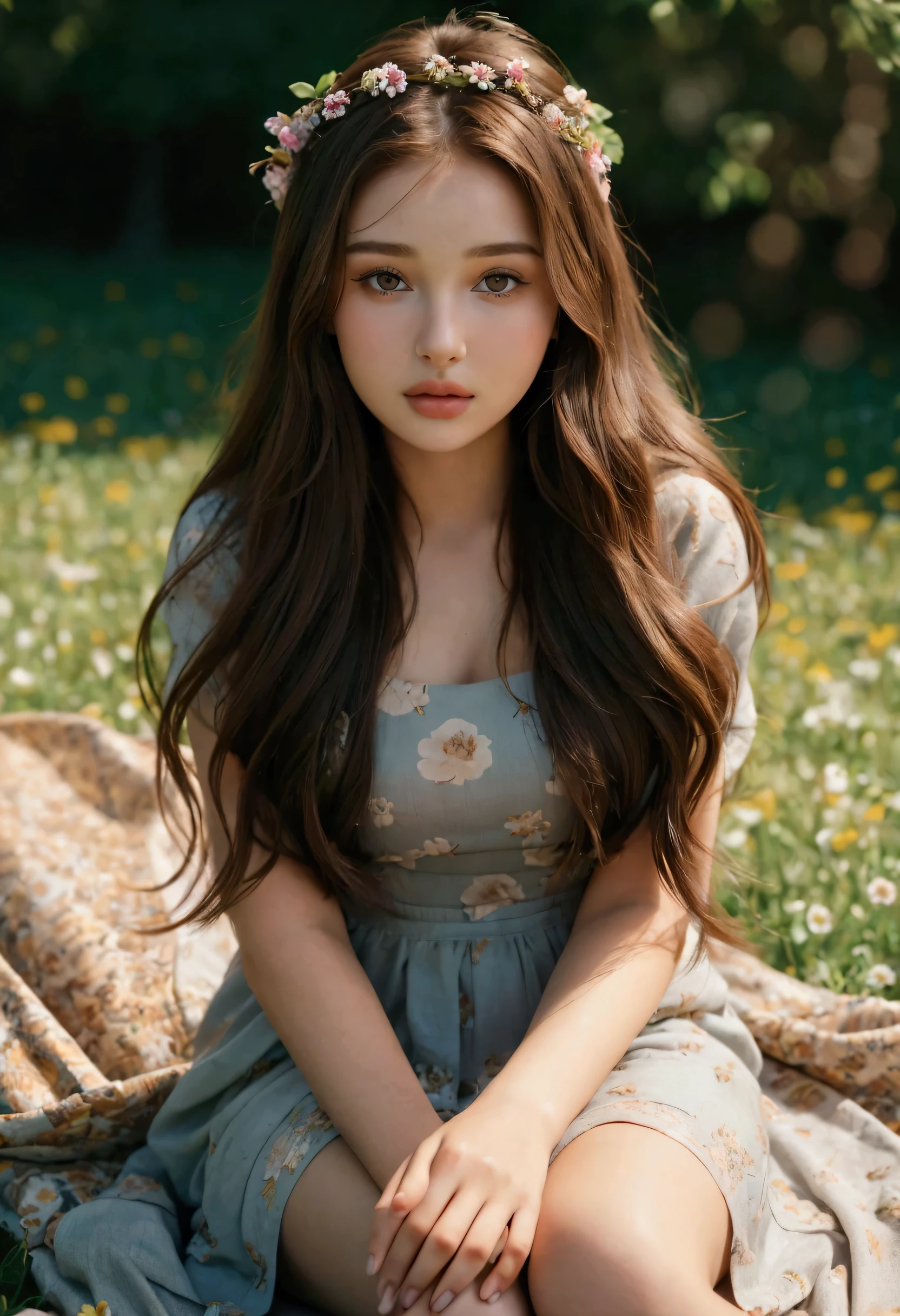 a close up of a woman sitting on a blanket in a field, gorgeous young model, beautiful young girl, girl with brown hair, portrait sophie mudd, infp young woman, beautiful portrait, cute young woman, gorgeous portrait, girl sitting in a flower field, portrait of girl in flower field, a beautiful teen-aged girl, girl with long hair