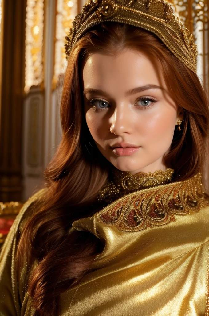 Ginger-haired Russian woman in traditional winter attire, capturing the essence of multiple adjectives such as kind-hearted, warm-hearted, sweet, polite, sensitive, friendly, charming, graceful, stylish, classy, alluring, majestic, ethereal, angelical, long hair framing the face, intricate embroidery on costume, soft glow accentuating gentle facial features, shot in the golden hour light.