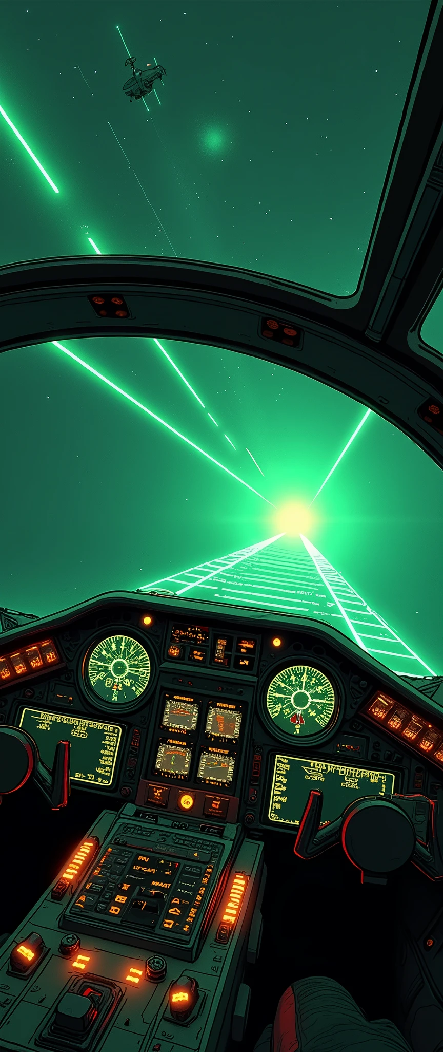 (masterpiece:1.2,Distinguished Quality,Mirror-like,Cinematic Experience),8k,wallpaper,View from the cockpit of a space fighter,(Landing on the mothership, the space carrier:2.0),(Mother ship launch and recovery catapults 2.0),(A green light guide is extending from the aircraft to the aircraft carrier.:2.0),(The guide lights are indicated by dotted lines.:2.0),(Drawing of the spaceship cockpit:2.0),dynamic
