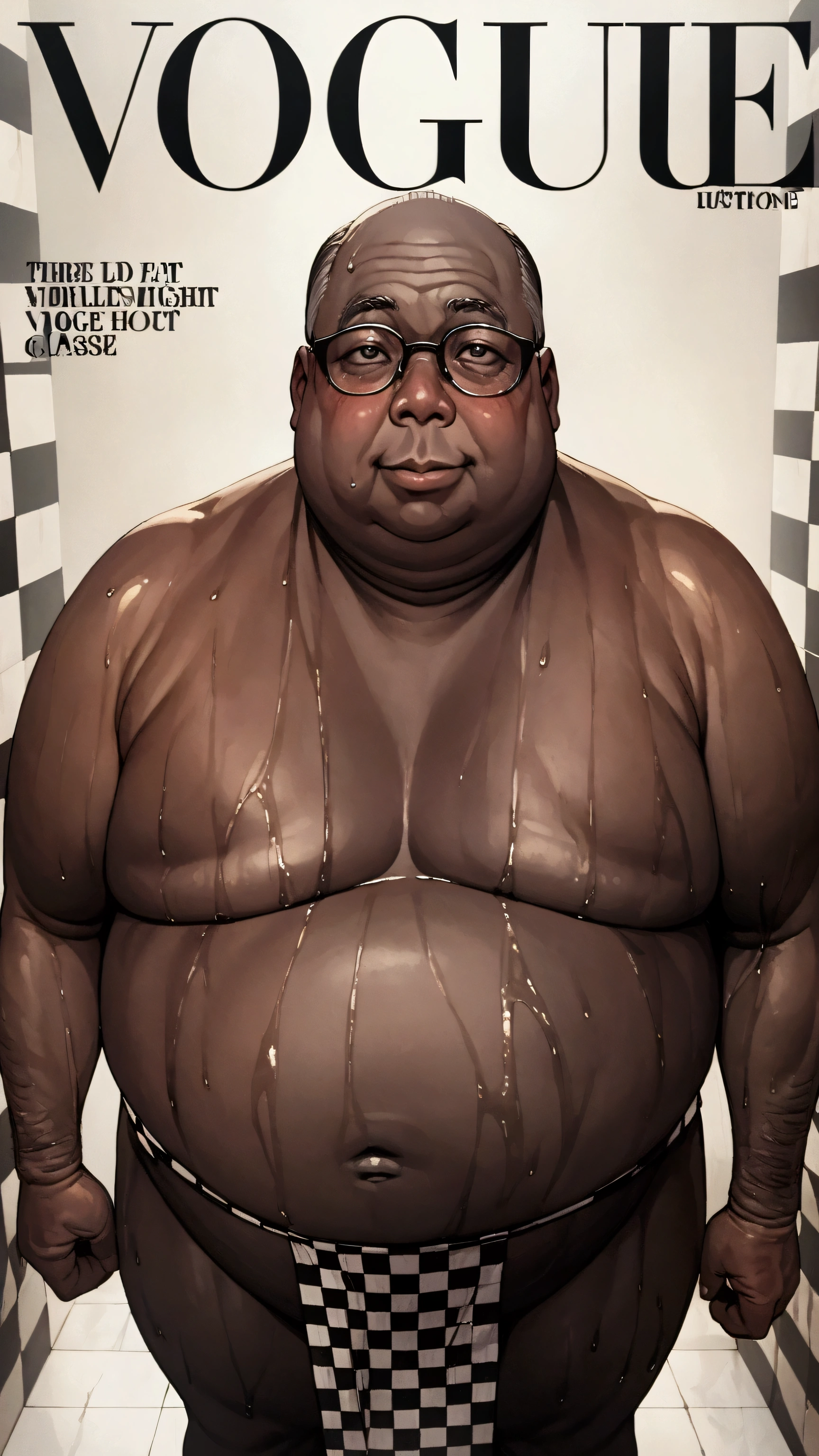 (Fat old man wearing glasses:1.3),Brown Skin,masterpiece, Highest quality, Ultra-high resolution,rich contrast,super high quality,8k,Highly detailed CG unit wallpaper,texture,Incredibly absurd,Ultra-high resolution,RAW Photos,Blue and white checked loincloth,(((Wet))),blush,1boy,reinokabe, checkered wall, english text, checkered background,topless,(look up:1.3),Serious,smile,vogue